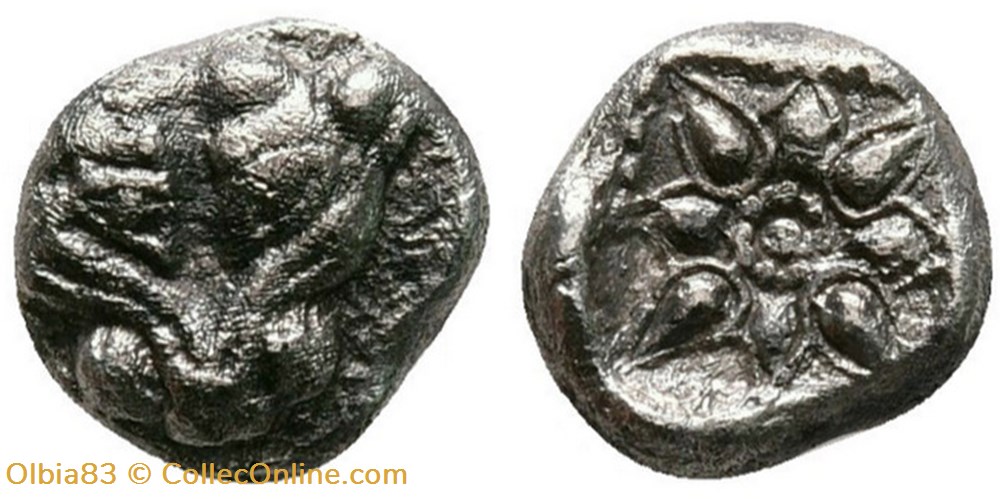 M-Milet / Obole - 1/16 eme de statère / Tête de Lion - Motif Stéllaire dans carré creux monnaies antiques grecques m milet obole 1 16 eme de statere tete de lion motif stellaire dans carre creux