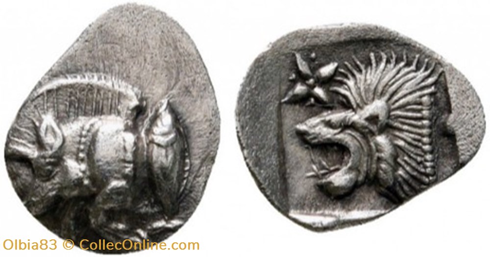monnaies antiques grecques cyzique hemiobole protome de sanglier a gauche tete de lion a gauche
