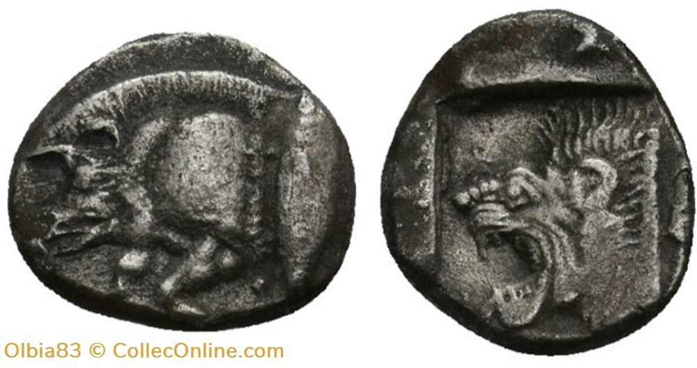 *Cyzique / Diobole / Protomé de sanglier à gauche - Tête de lion à gauche. monnaies antiques grecques cyzique diobole protome de sanglier a gauche tete de lion a gauche