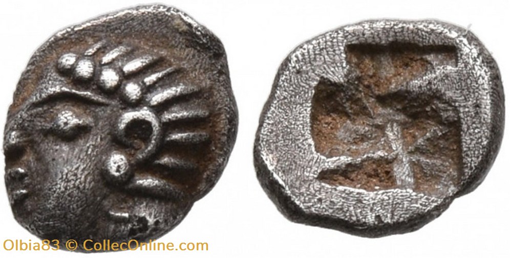 M-Colophon / Tetartemomorion / Tête d'Apollon à gauche - Carré creux. monnaies antiques grecques m colophon tetartemomorion tete apollon a gauche carre creux