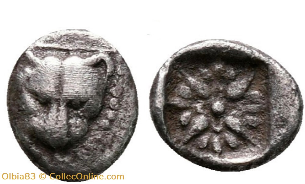 M-Milet / 1/64 eme de statère / Tête de Lion - Motif Stélaire dans carré creux monnaies antiques grecques m milet 1 64 eme de statere tete de lion motif stelaire dans carre creux