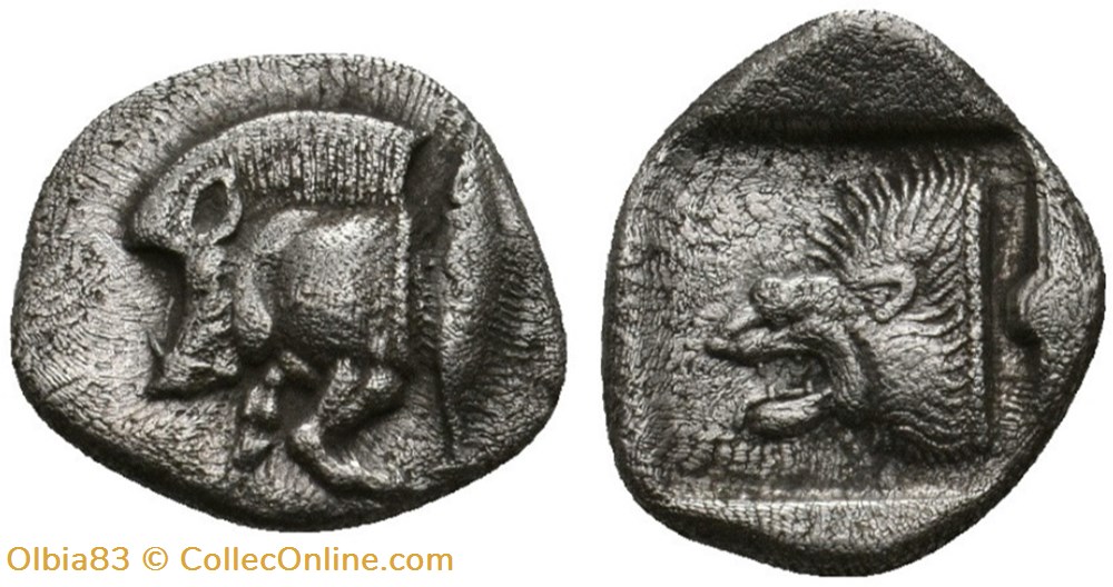 *Cyzique / Diobole / Protomé de sanglier à gauche - Tête de lion à gauche. monnaies antiques grecques cyzique diobole protome de sanglier a gauche tete de lion a gauche