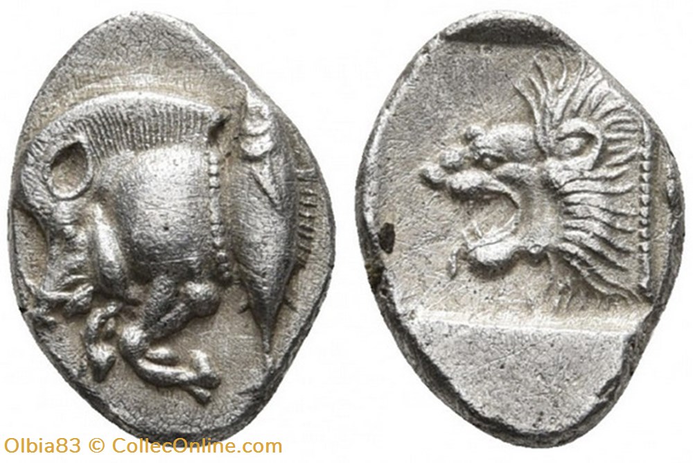 *Cyzique / Diobole / Protomé de sanglier à gauche - Tête de lion à gauche. monnaies antiques grecques cyzique diobole protome de sanglier a gauche tete de lion a gauche