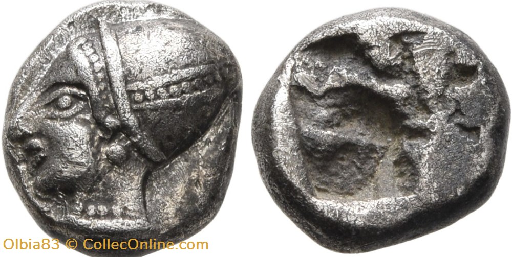 Phocée-Diobole-Tête de femme portant un sakkos à gauche / Carré creux. monnaies antiques grecques phocee diobole tete de femme portant un sakkos a gauche carre creux