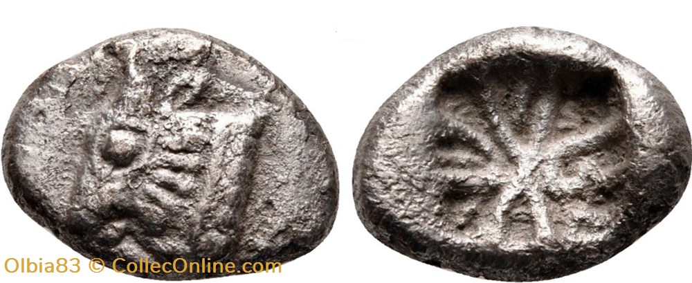 M-Asie Mineure / Incertaine / Tetrobole / Tête de taureau - Carré creux multi-divisé. monnaies antiques grecques m asie mineure incertaine tetrobole tete de taureau carre creux multi divise