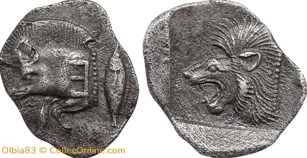 *Cyzique / Obole / Protomée de sanglier a gauche - Tête de lion a gauche monnaies antiques grecques cyzique obole protomee de sanglier a gauche tete de lion a gauche
