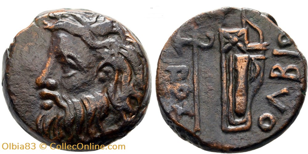 Sarmatie / Olbia / Unité / Tête barbue - Hache et arc dans son goryte. monnaies antiques grecques sarmatie olbia unite tete barbue hache et arc dans son goryte