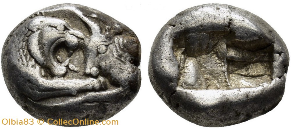 Royaume de Lydie / Hémistatère Siglos / Protomés de taureau et lion affrontés. / Double carré creux. monnaies antiques grecques royaume de lydie hemistatere siglos protomes de taureau et lion affrontes double carre creux