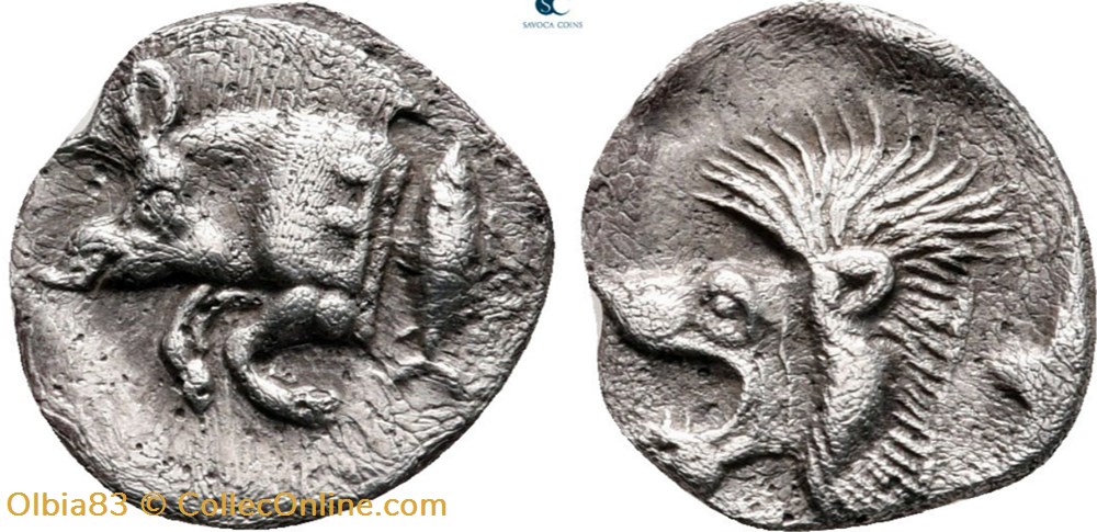 Cyzique / Obole / Protomé de sanglier à gauche - Tête de lion à gauche. monnaies antiques grecques cyzique obole protome de sanglier a gauche tete de lion a gauche