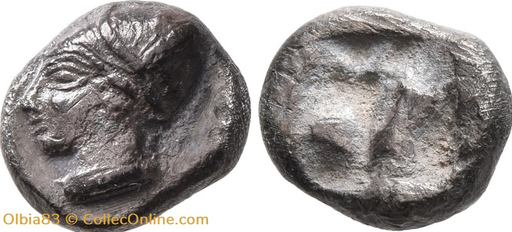 *Phocée-Diobole-Tête de nymphe à gauche / Carré creux . monnaies antiques grecques phocee diobole tete de nymphe a gauche carre creux