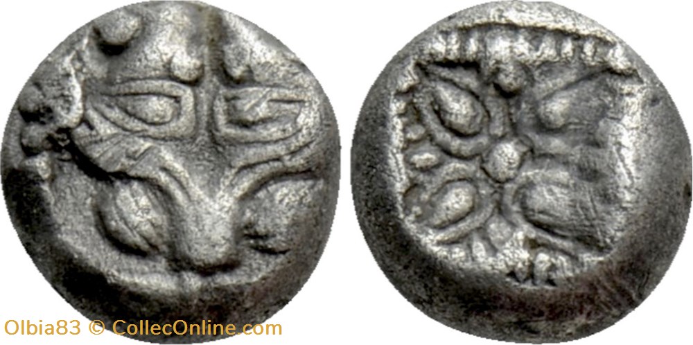 M-Milet / 1/16eme de statère / Tête de Lion - Motif Stéllaire dans carré creux monnaies antiques grecques m milet 1 16eme de statere tete de lion motif stellaire dans carre creux