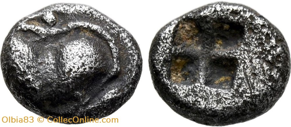 Cyrène / Obole / Fruit de Silphium - Carré creux. monnaies antiques grecques cyrene obole fruit de silphium carre creux