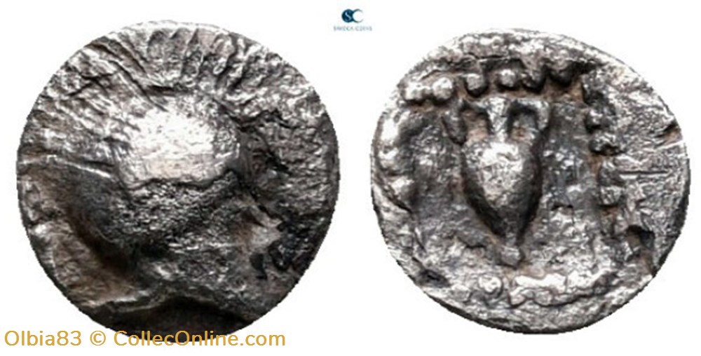 M Néandria / Tétartemorion / Casque a cimiez à droite - Amphore entourée de granules ds carré creux monnaies antiques grecques m neandria tetartemorion casque a cimiez a droite amphore entouree de granules ds carre creux