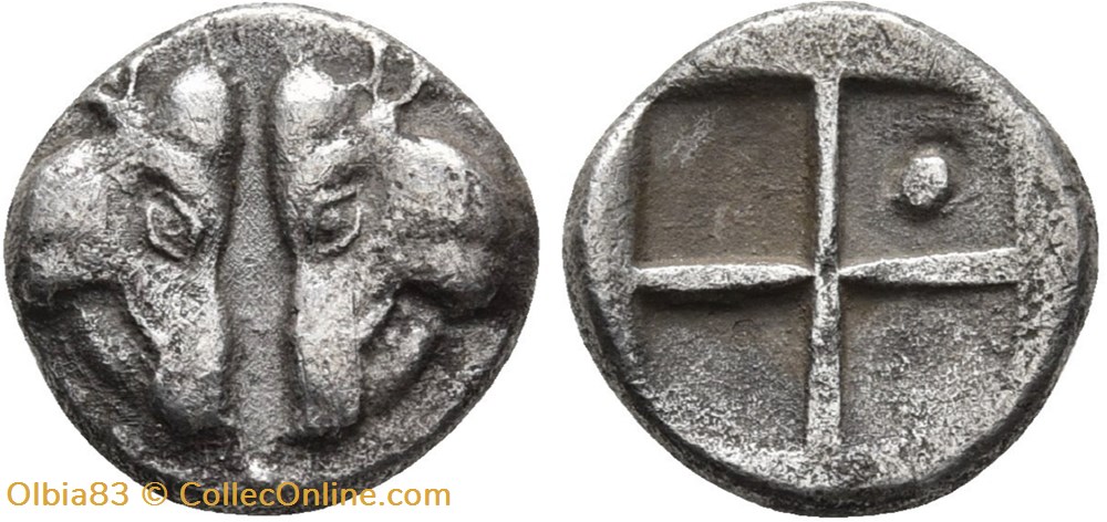 Ile de Lesbos / 1/8 eme de statère / Têtes de sangliers - Carré creux monnaies antiques grecques ile de lesbos 1 8 eme de statere tetes de sangliers carre creux