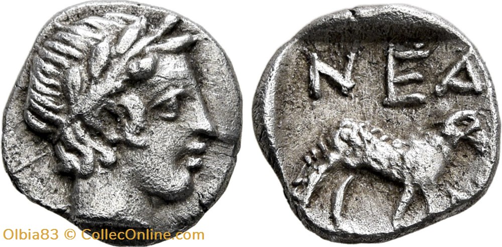 M-Néandria / Obole / Tête laurée d’Apollonà droite - Belier à droite + N-E-A/N monnaies antiques grecques m neandria obole tete lauree d apollona droite belier a droite n e a n