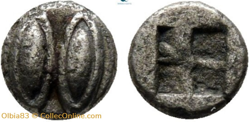 monnaies antiques grecques ile de lesbos 1 36 eme de statere deux yeux ou deux graines carre creux