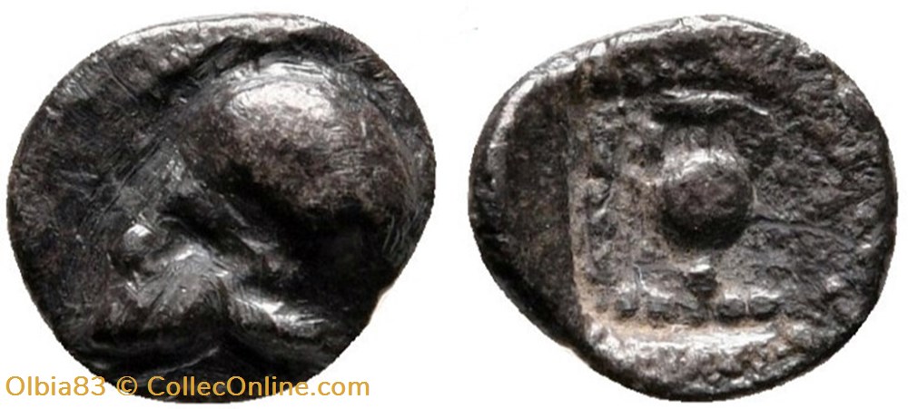 M Neandria / Trihémitartémorion / Casque a cimiez à gauche - Amphore dans carré creux monnaies antiques grecques m neandria trihemitartemorion casque a cimiez a gauche amphore dans carre creux