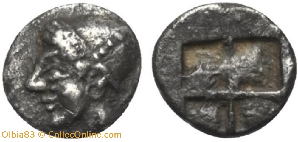 *Phocée-Obole-Tête d'Athéna à gauche / Carré Quadripartite . monnaies antiques grecques phocee obole tete athena a gauche carre quadripartite