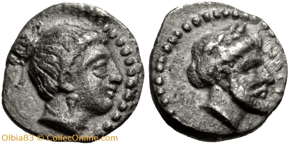 Nagidos-Obole-Tête d’Aphrodite-Tête de Dionysos monnaies antiques grecques nagidos obole tete d aphrodite tete de dionysos