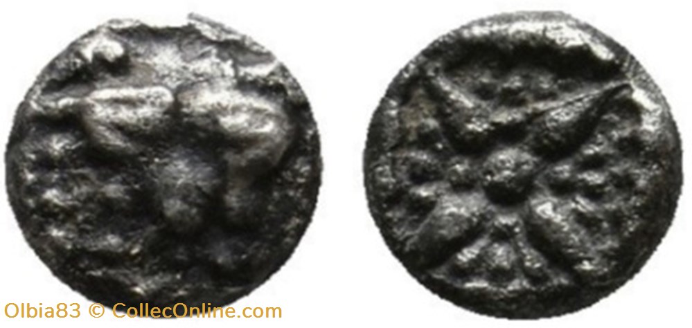 Milet / 1/32 eme de statère / Tête de Lion - Motif Stéllaire dans carré creux monnaies antiques grecques milet 1 32 eme de statere tete de lion motif stellaire dans carre creux