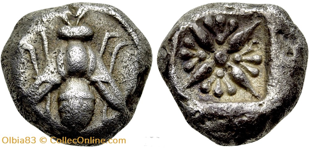 Ionie-Ephése-Hemidrachme-Abeille / Motif stéllaire. monnaies antiques grecques ionie ephese hemidrachme abeille motif stellaire
