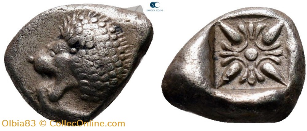Milet / Douzième de statère / Protomé de lion à gauche - Motif stéllaire monnaies antiques grecques milet douzieme de statere protome de lion a gauche motif stellaire