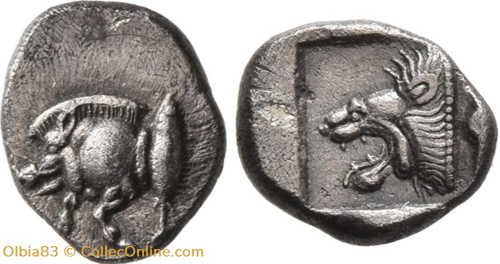 monnaies antiques grecques cyzique hemiobole protome de sanglier a gauche tete de lion a gauche