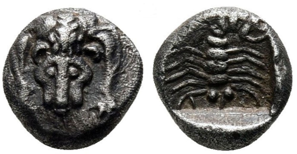 M Milet / 1/24 eme de Statère - Tritartemorion / Dépouille de Lion - Scorpion. monnaies antiques grecques m milet 1 24 eme de statere tritartemorion depouille de lion scorpion
