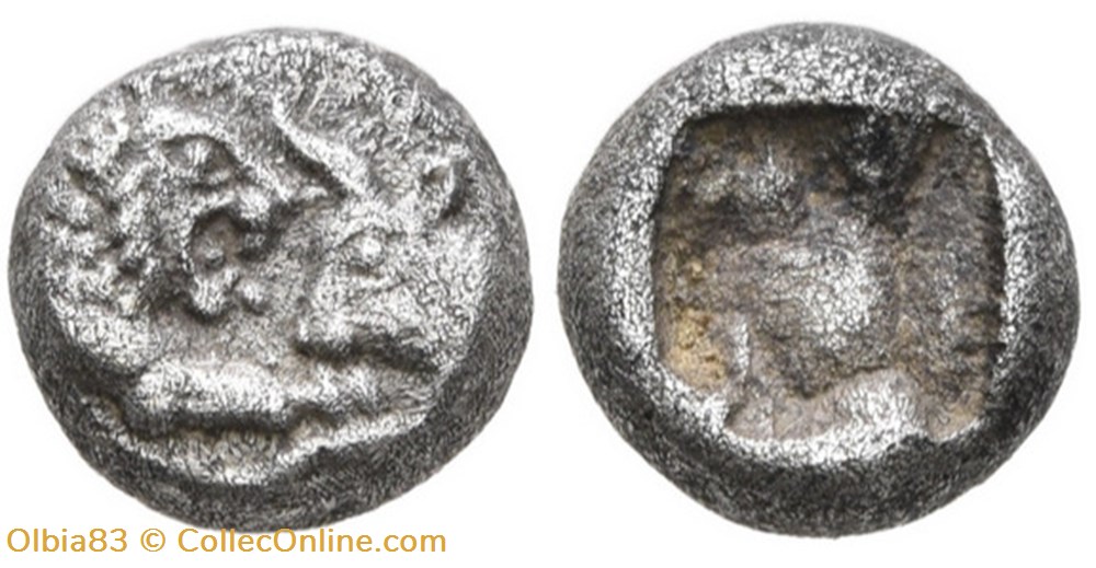 Royaume de Lydie / Douzieme de statère / Protomés de taureau et de lion affrontés. monnaies antiques grecques royaume de lydie douzieme de statere protomes de taureau et de lion affrontes