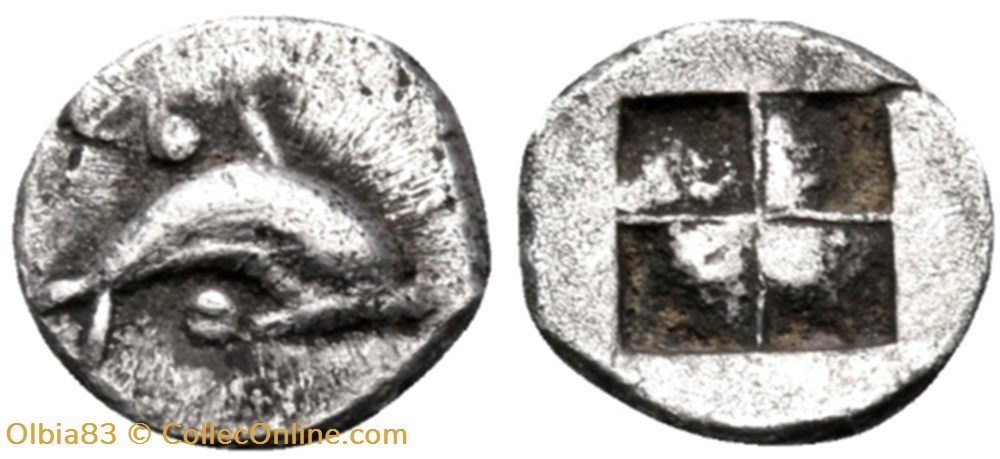 M Thasos / Obole / Dauphins à droite - Carré creux monnaies antiques grecques m thasos obole dauphins a droite carre creux