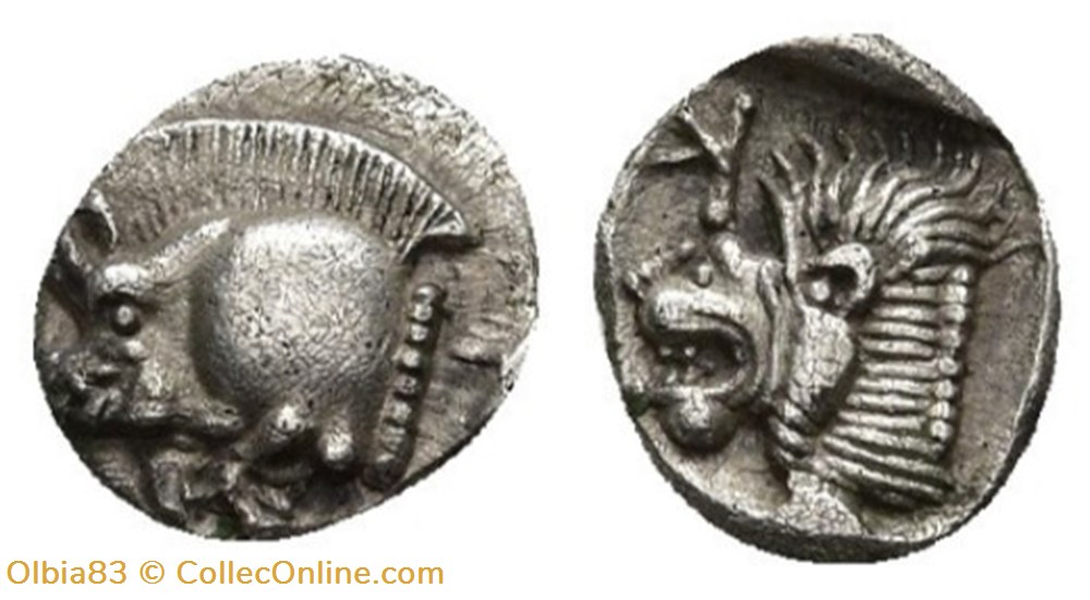 Cyzique / Obole / Protomé de sanglier à gauche - Tête de lion à gauche. monnaies antiques grecques cyzique obole protome de sanglier a gauche tete de lion a gauche