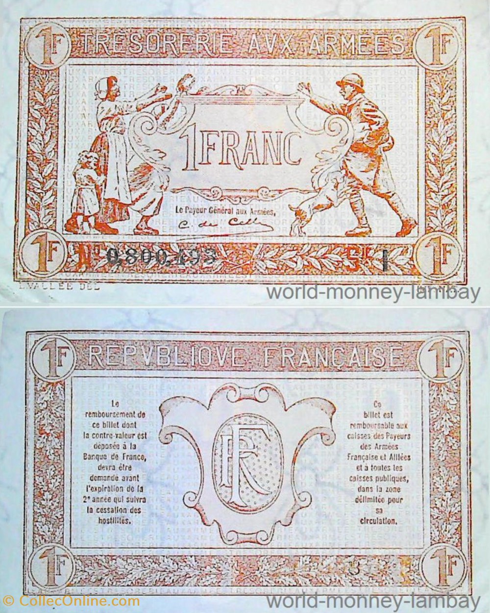billets europe france billet un franc tresorerie aux armees 1919