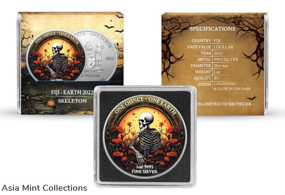 coins ingots bullion 2022 1 oz silver 1 fiji glow in the dark skeleton earth colored coin