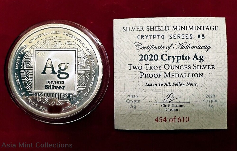 2020 - 2 Oz. .999 Fine SILVER SHIELD PROOF CRYPTO AG Mini Mintage ROUND COIN COA # 454 coins ingots bullion 2020 2 oz 999 fine silver shield proof crypto ag mini mintage round coin coa 454