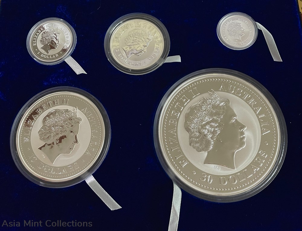2004 -The Australian Lunar 999 silver coin the Perth Mint 5 coins 3 ingots bullion 2004 the australian lunar 999 silver coin the perth mint 5 coins