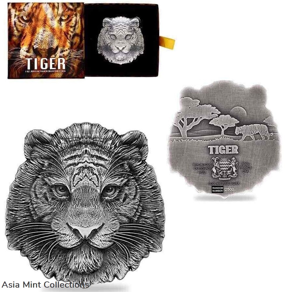 2022 - 1 Oz Silver Coin Chad 5000 Francs CFA Tiger Shaped High Relief Coin coins ingots bullion ingot 2022 1 oz silver coin chad 5000 francs cfa tiger shaped high relief coin