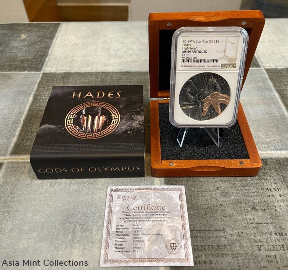 2018 NIUE $5 Gods of Olympus Hadez 2 Oz Silver High Relief Coin with Rose Gold - NGC-MS69 6 coins ingots bullion 2018 niue 5 gods of olympus hadez 2 oz silver high relief coin with rose gold ngc ms69