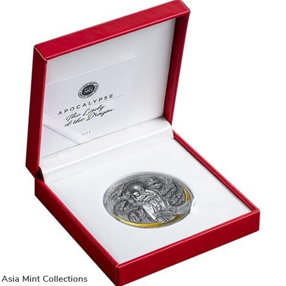 2021 - The Lady and the Dragon Apocalypse 3 oz Antique finish Silver Coin Cameroon 4 coins ingots bullion 2021 the lady and the dragon apocalypse 3 oz antique finish silver coin cameroon