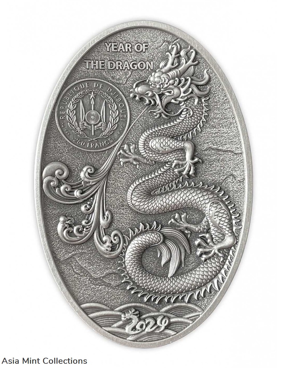 coins ingots bullion 2024 djibouti dragon egg 5oz silver shaped antique finish coin