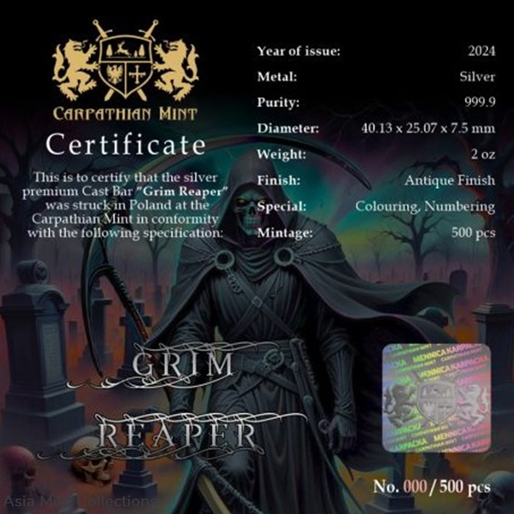 2024 - GRIM REAPER Cast Bar 2 Oz Silver Bar 4 coins ingots bullion coin 2024 grim reaper cast bar 2 oz silver bar