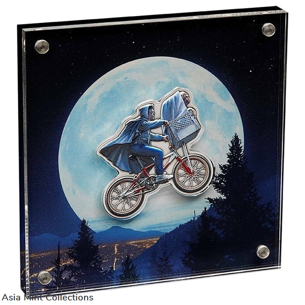 2022 Niue E.T. The Extra Terrestrial 40th Ann. 2oz Silver Bicycle Shaped Coin 4 coins ingots bullion 2022 niue e t the extra terrestrial 40th ann 2oz silver bicycle shaped coin