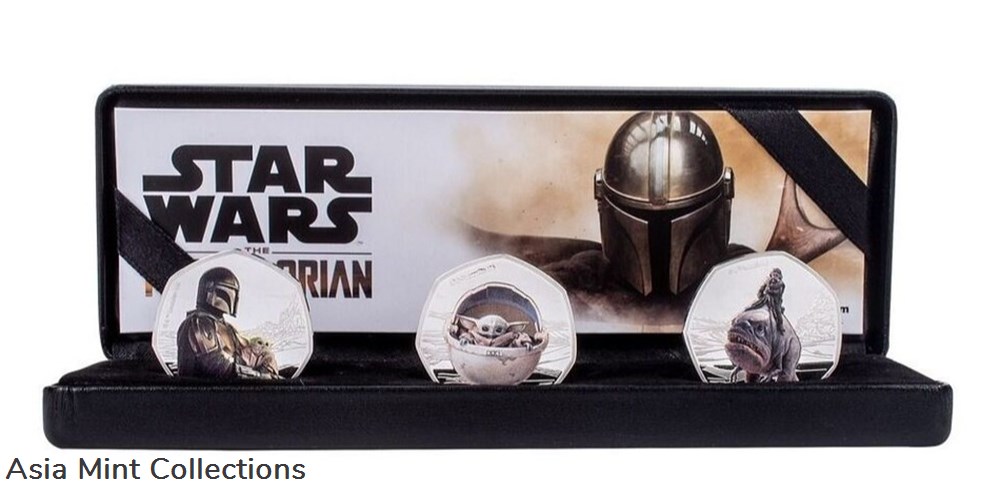 Star Wars the Mandalorian & Baby Yoda Grogu 50p Shaped Coins In Display Box New 5 ingots bullion silver star wars the mandalorian baby yoda grogu 50p shaped coins in display box new