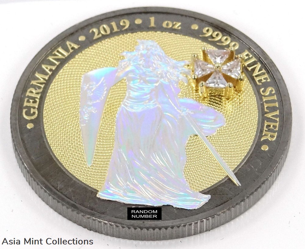 2019 - 1 Oz Silver Coin 5 Mark Germania - Ruthenium Holo Crystal Cross 2 coins ingots bullion 2019 1 oz silver coin 5 mark germania ruthenium holo crystal cross