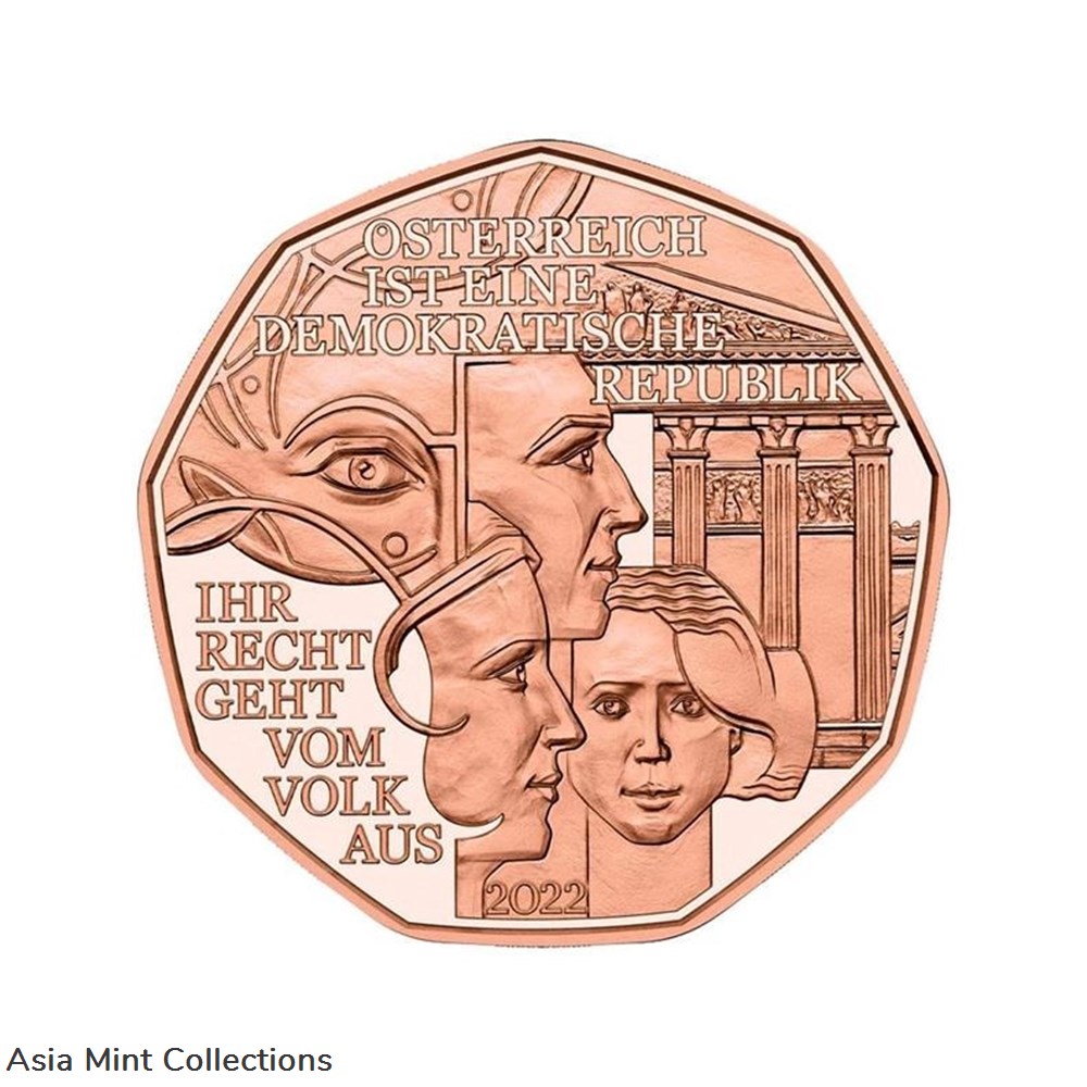 2022 - Austria 5 Euro copper coin - DEMOCRACY coins ingots bullion 2022 austria 5 euro copper coin democracy