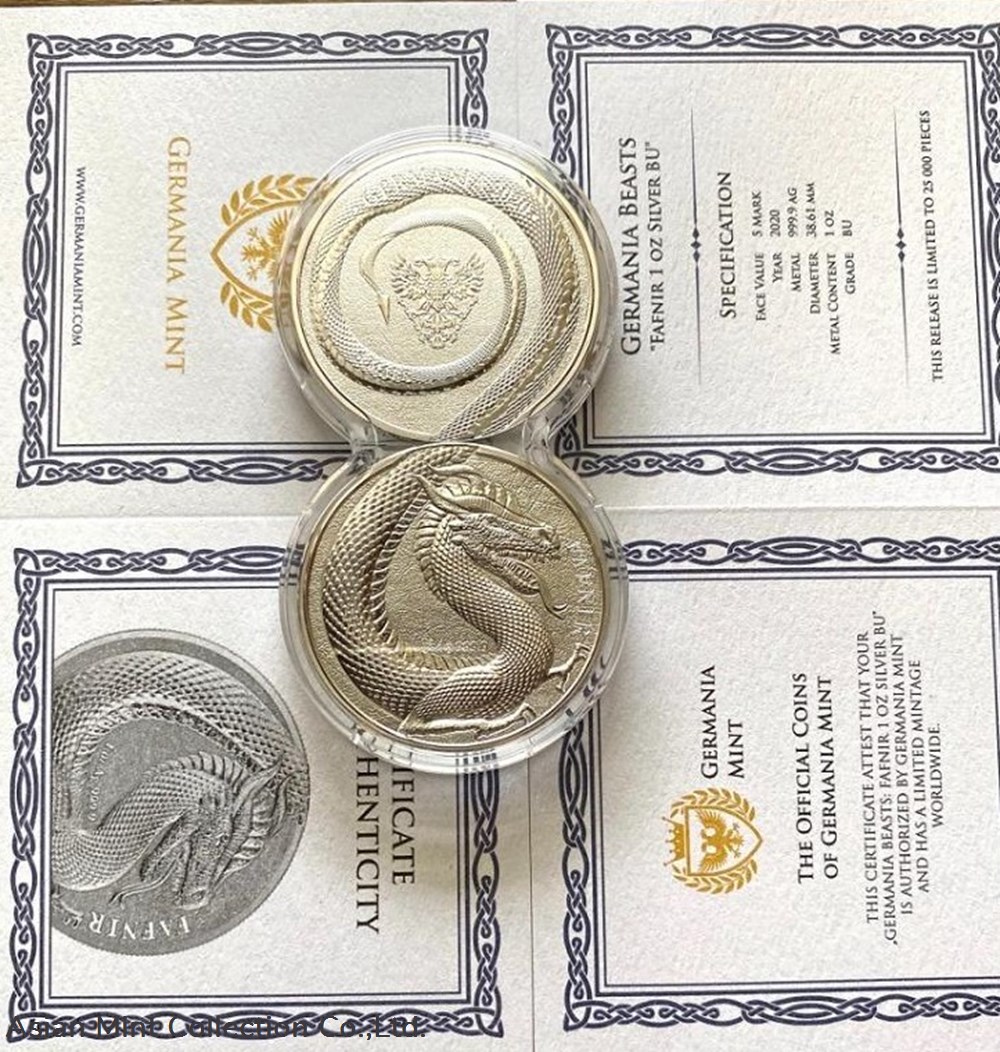 2020 SILVER 2x1oz GERMANIA BEASTS SERIES: FAFNIR GEMINUS (incl. COA) 2 coins ingots bullion coin 2020 silver 2x1oz germania beasts series fafnir geminus incl coa