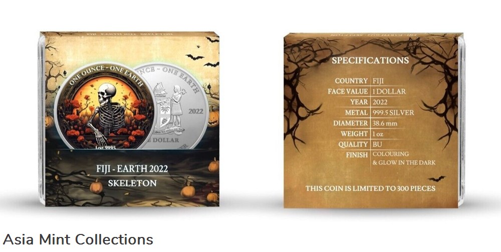 coins ingots bullion 2022 1 oz silver 1 fiji glow in the dark skeleton earth colored coin