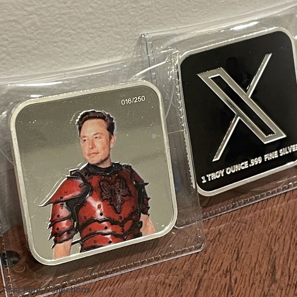 2023 - 1 OZ .999 Fine Silver Square Bar Colorized Elon Musk X Logo Back - Ltd Ed. #/250 4 coins ingots bullion coin 2023 1 oz 999 fine silver square bar colorized elon musk x logo back ltd ed 250