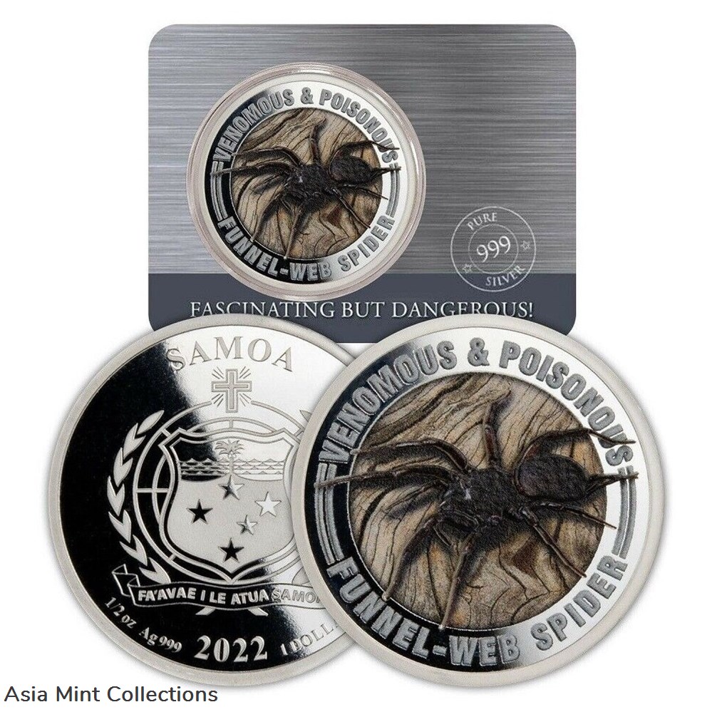 coins ingots bullion 2022 samoa venomous poisonous funnel web spider 1 2 oz silver colorized coin