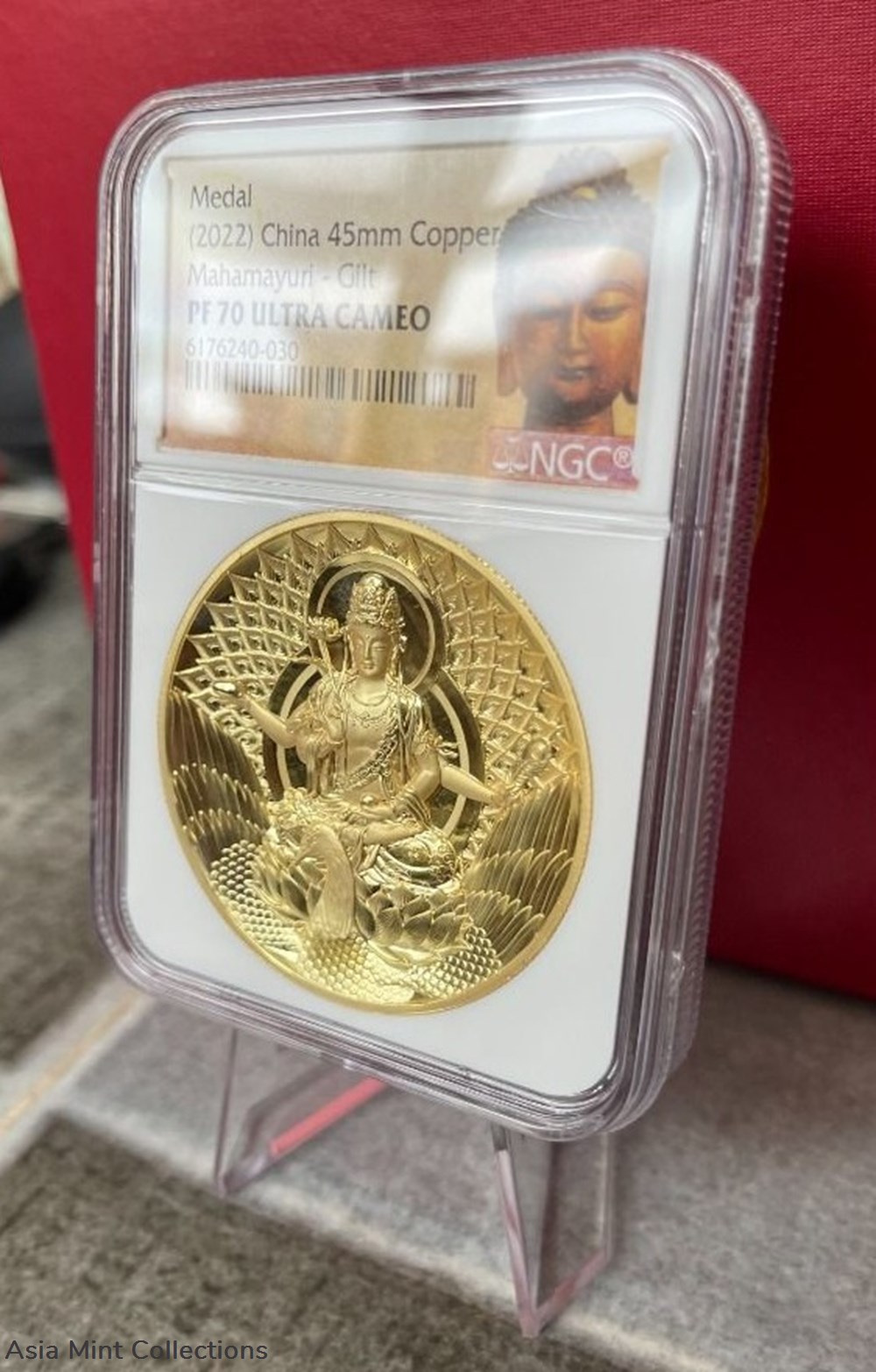 2022 China Cooper Gilded Proof Medal - Mahamayuri - NGC PF70 With Special Buddha Head Label 2 minerals meteorites copper 2022 china cooper gilded proof medal mahamayuri ngc pf70 with special buddha head label