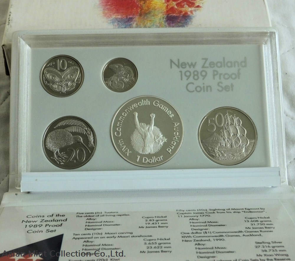 1989 - 5 COIN PROOF YEAR SET WITH SILVER $1 - complete coins world new zealand 1989 5 coin proof year set with silver 1 complete